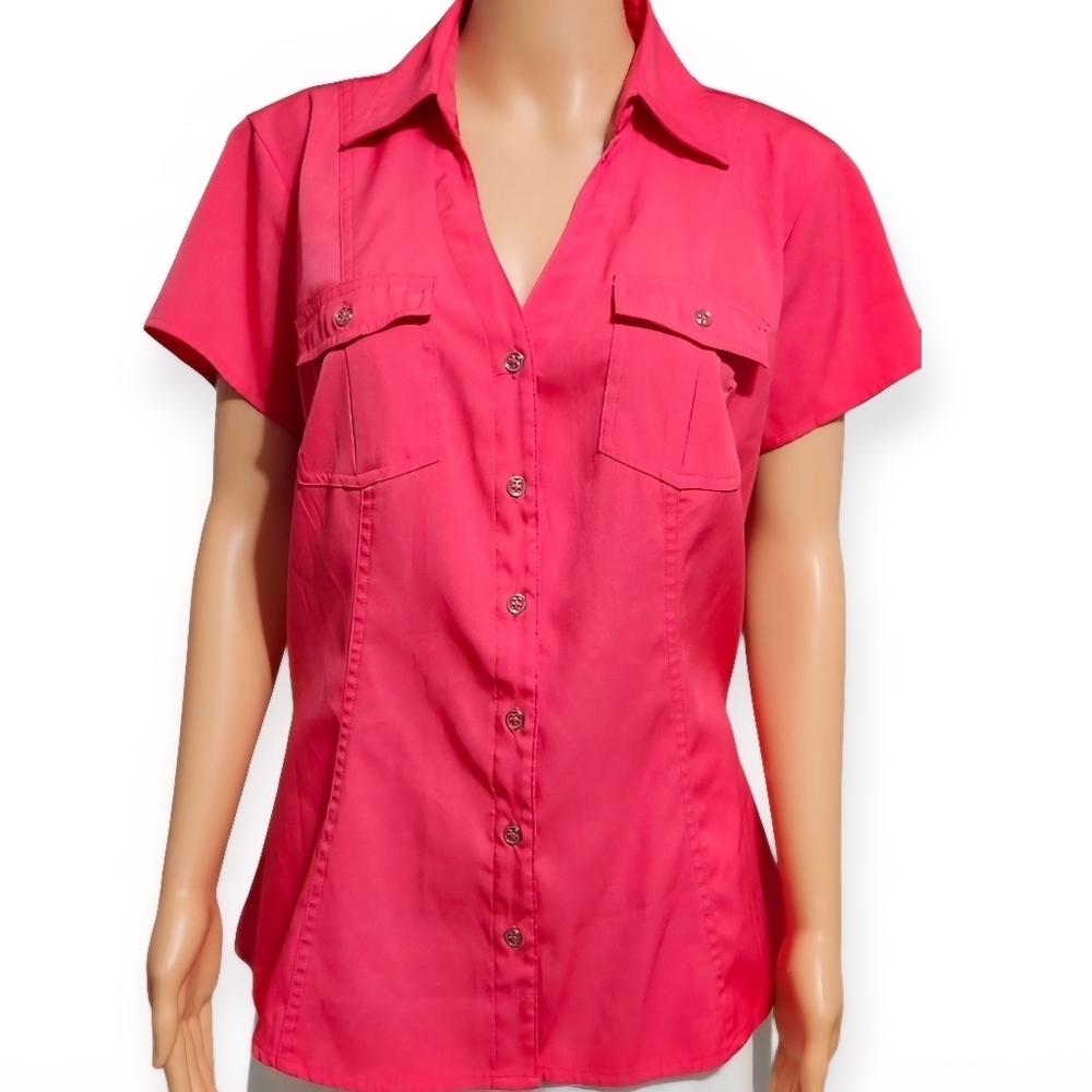 Cato Women’s Fuchsia Pink Button-Down Short Sleeve Blouse Size L.